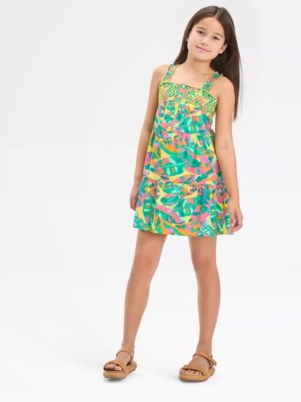 Cat & Jack Green Multi Tropical Smocked Sundress Cotton